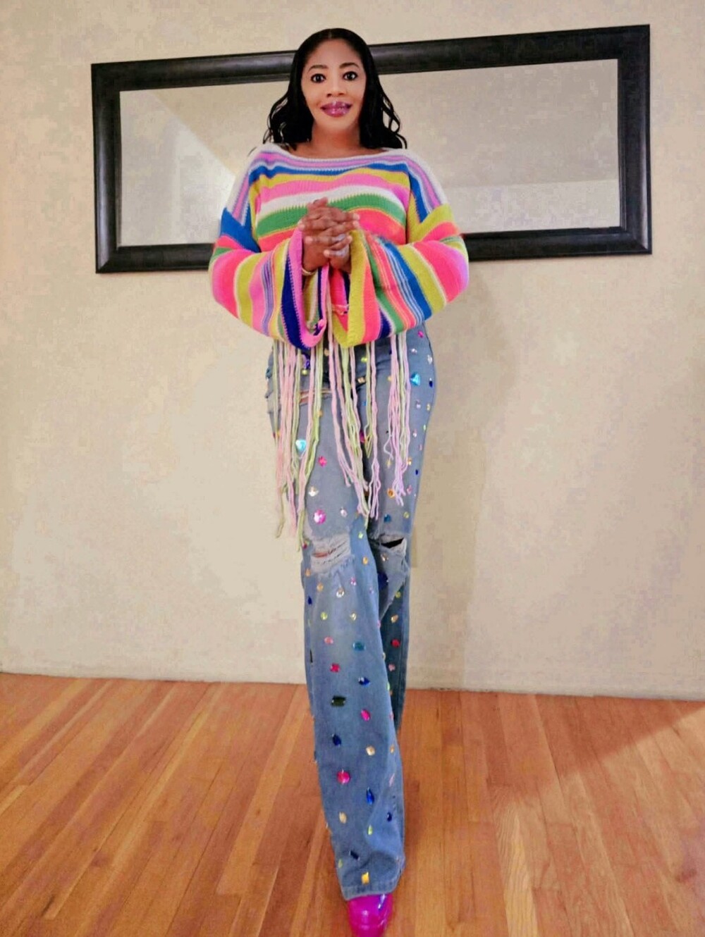 Wide-Leg Light Blue Jeans with Colorful Heart Embellishments